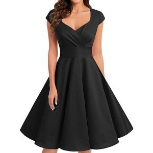 Black Cotton Cap-Sleeve Retro Swing Dress M *NWOT*